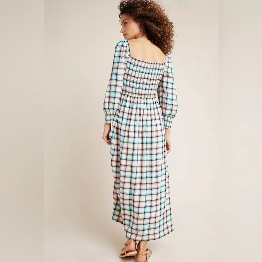 Anthropologie Maeve Cerie Smocked Midi Dress Large Petite Summer Fall Plaid NWOT - Picture 4 of 9
